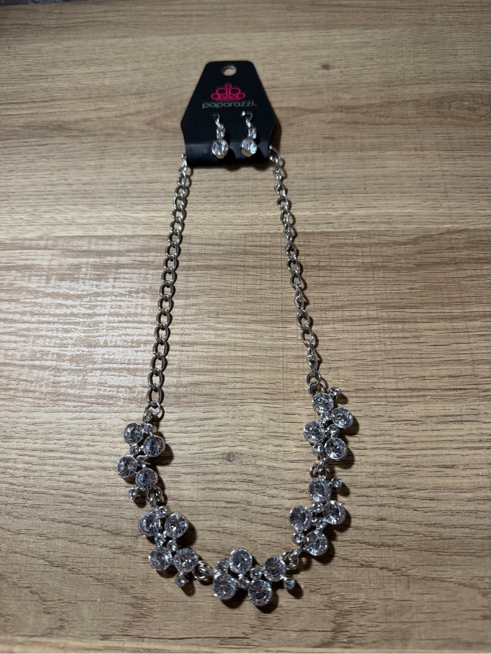 paparazzi Silver Clear Crystal Cluster Necklace with Matching Earrings